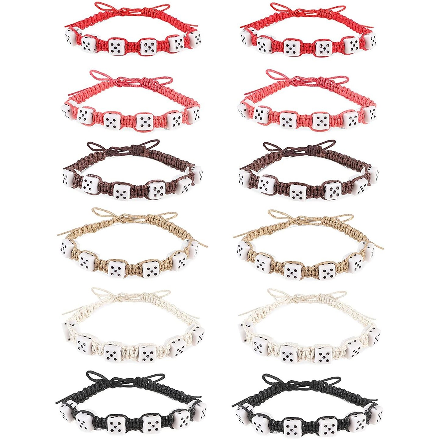 12-Pack Adjustable Cord Bracelet Dice Beads Wristbands for Kids Men Women, 6 Colors