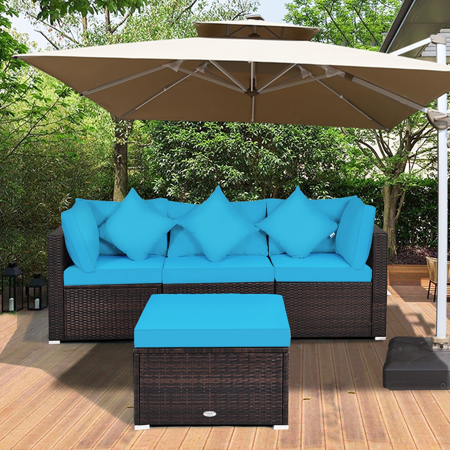 Costway 4PCS Patio Rattan Wicker Furniture Set Cushioned Sofa Ottoman Garden Turquoise\Red