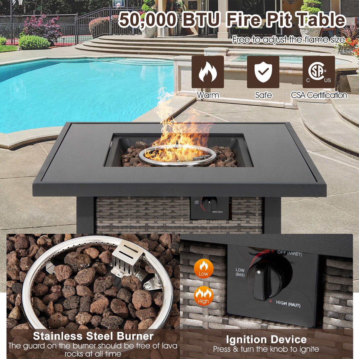 32 Inch Square Propane Fire Pit Table with Lava Rocks Cover