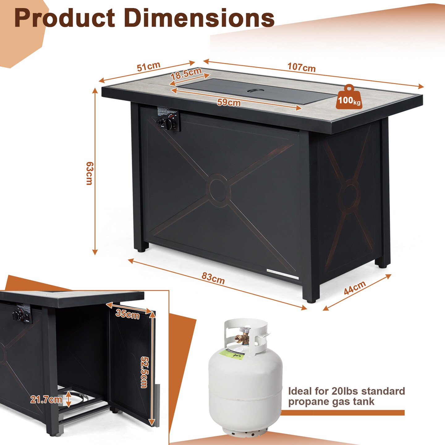 Black 42 Inch Propane Fire Pit Table 60000 BTU with Ceramic Tabletop