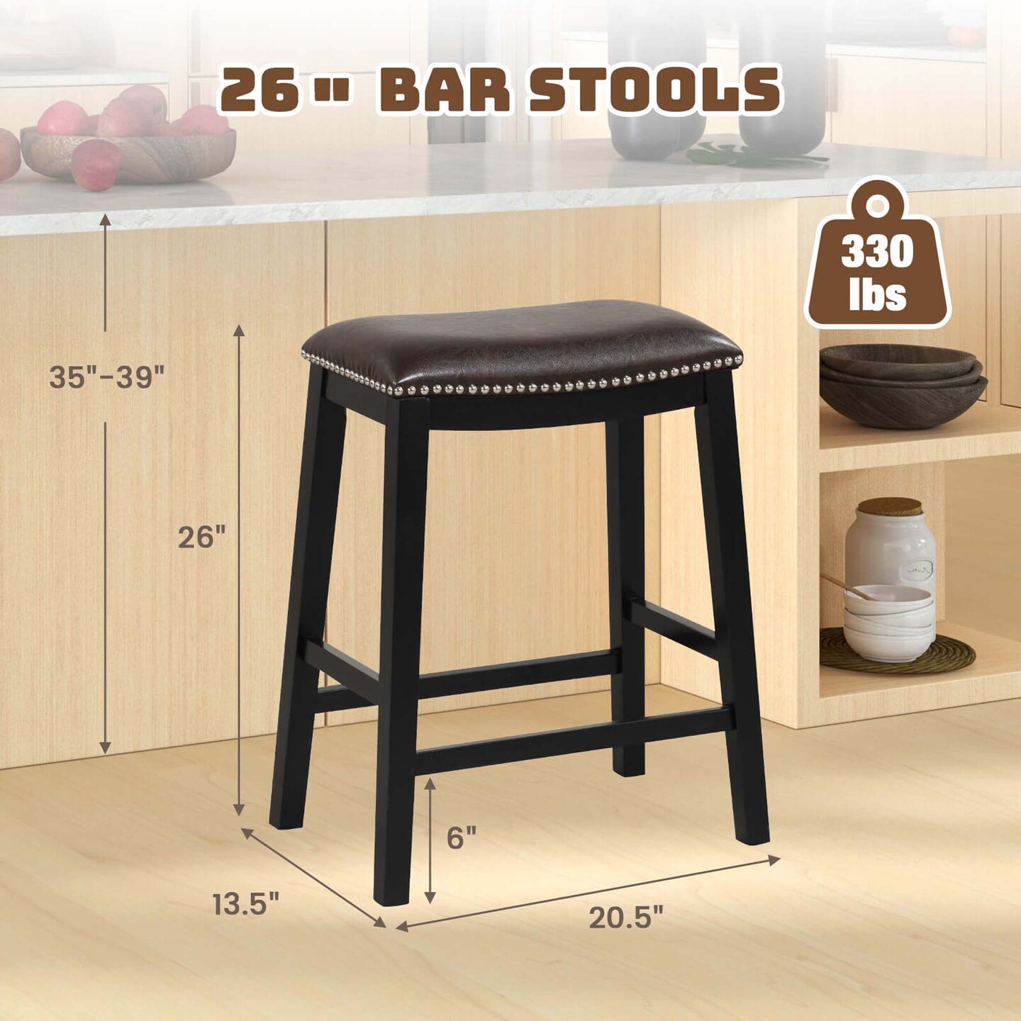 Costway 26-Inch Bar Stool Set of 2 Counter Height Saddle Stools with Upholstered Seat Brown/Black/Gray
