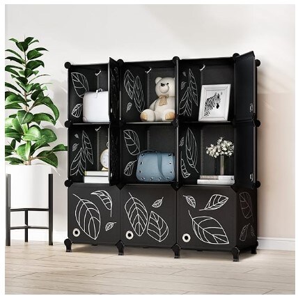 Closet Organiser, 9 Cube Storage Organiser with Doors, Portable Closet Shelves, Modular Bookcase Closet Cabinet for Clothes, Books, Toys and Artworks (11.8x11.8x11.8 inch), Black