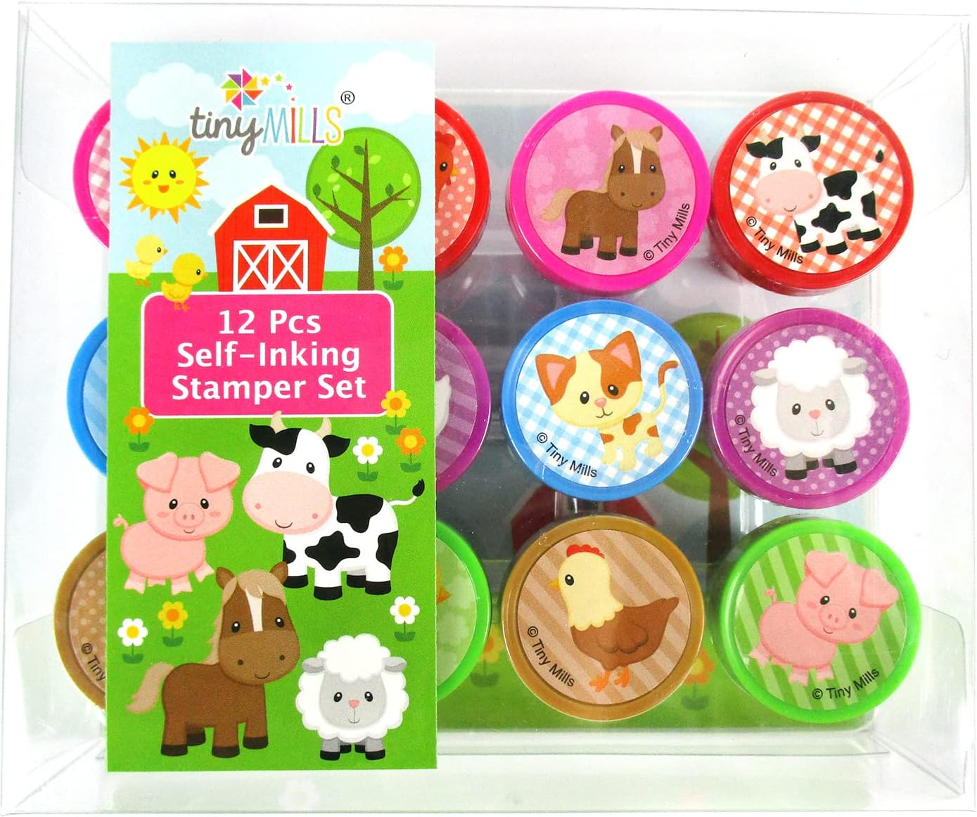 TINYMILLS 12 Pcs Farm Animals Stamp Kit for Kids - Farm Animals Barnyard Self Inking Stamps Gift Party Favors