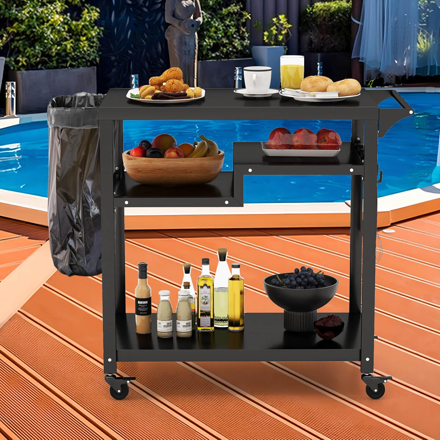 Costway Rolling Grill Cart 3-Shelf BBQ Table Pizza Oven Stand with Trash Bag Holder &#x26; Hooks