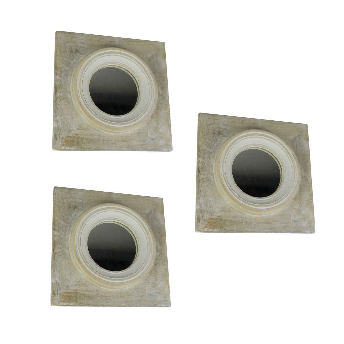 Set of 3 Natural Wood Framed Porthole Style Wall Mirrors 12 Inches Square