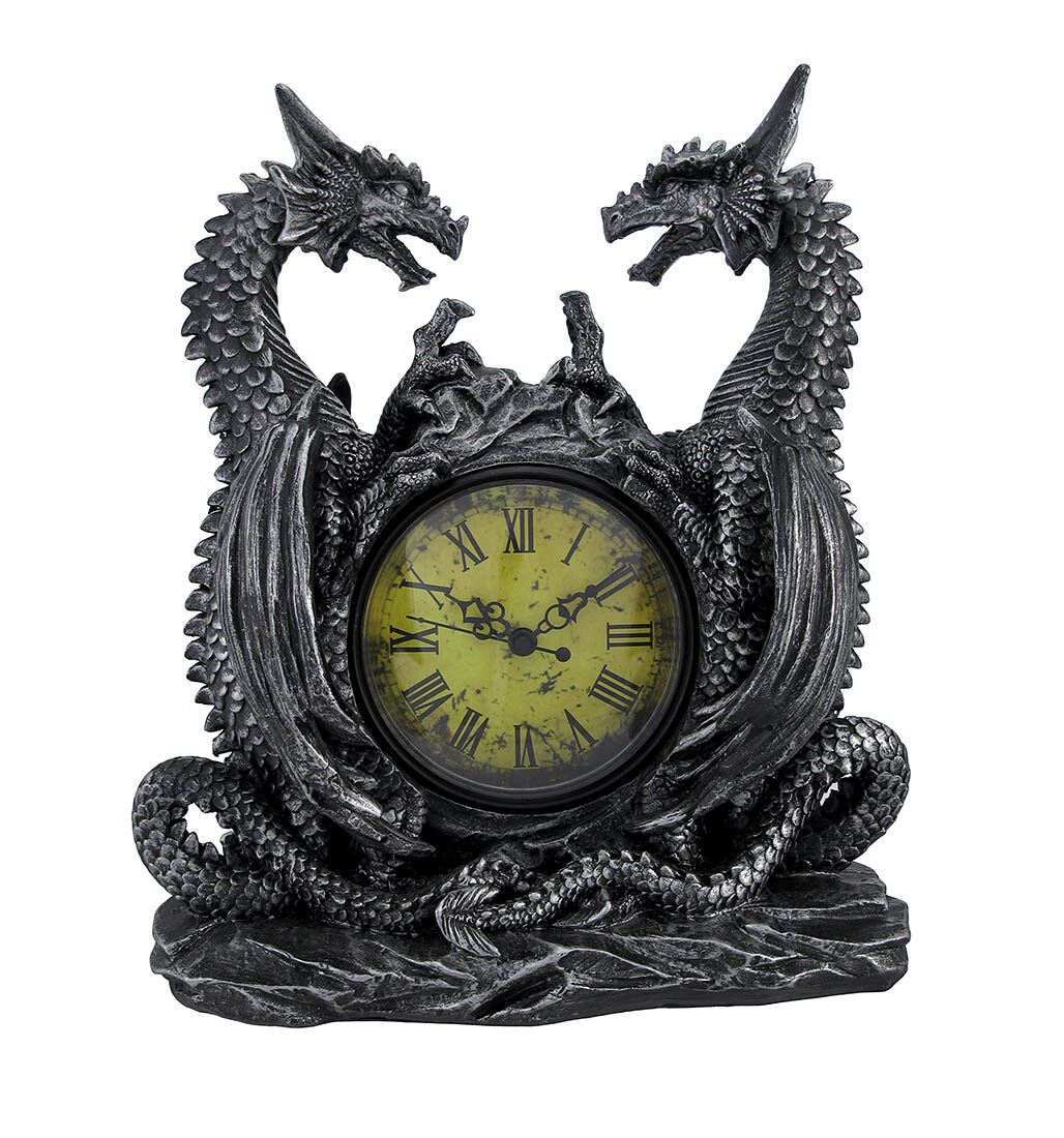 Twin Evil Dragons Antiqued Mantel Clock Table Desk
