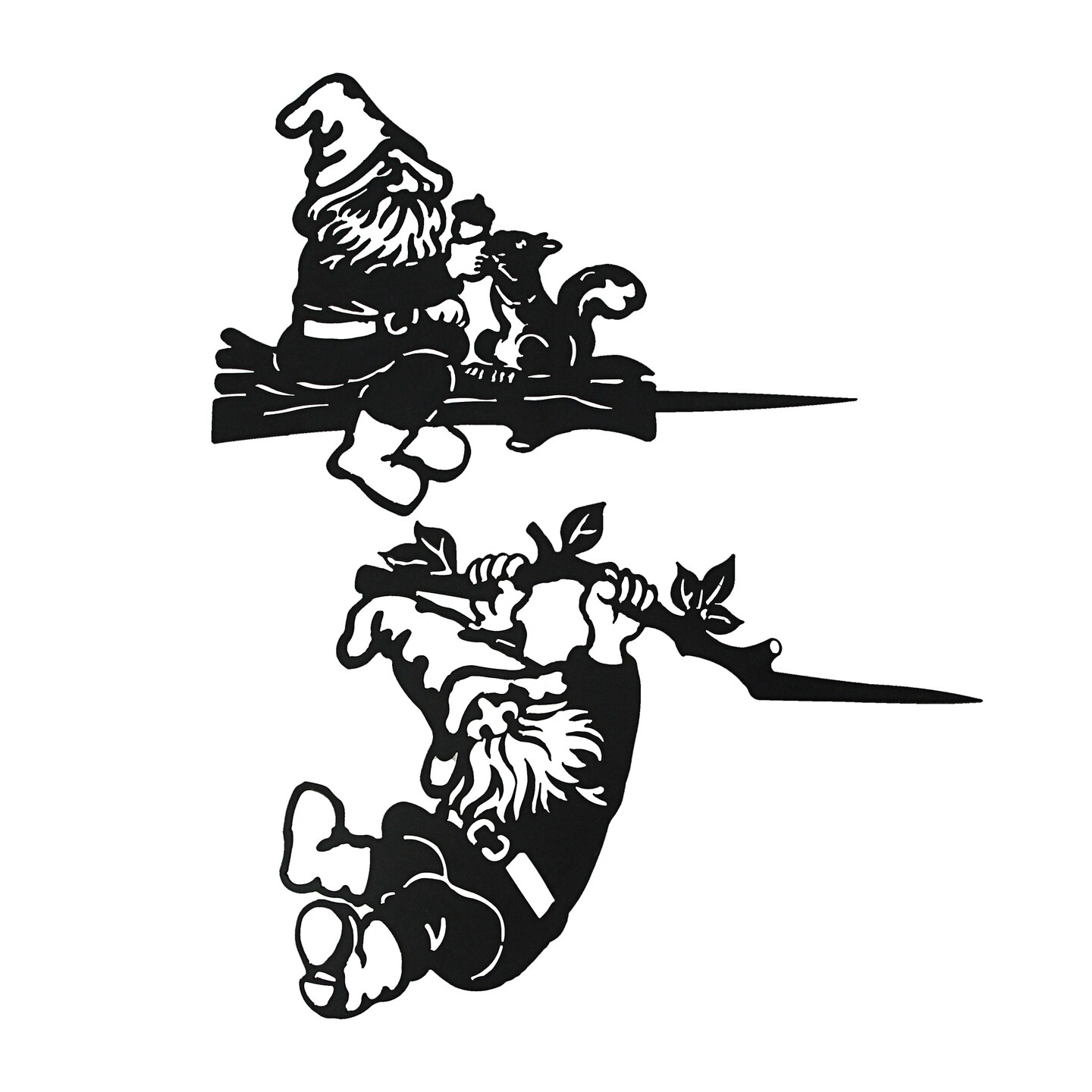 Set of 2 Black Metal Laser Cut Garden Gnome Silhouette Tree Spike Art Ornament