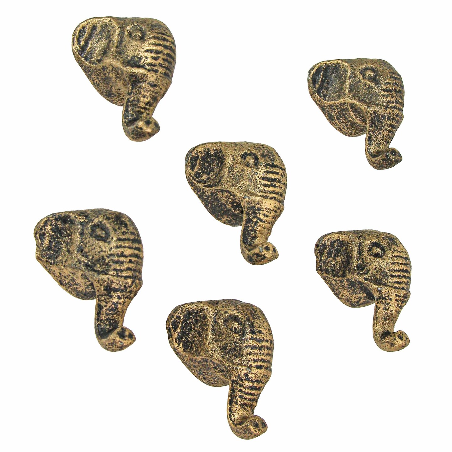 Antique Gold Finish Cast Iron Elephant Head Cabinet Knob Drawer Pulls Set of 6