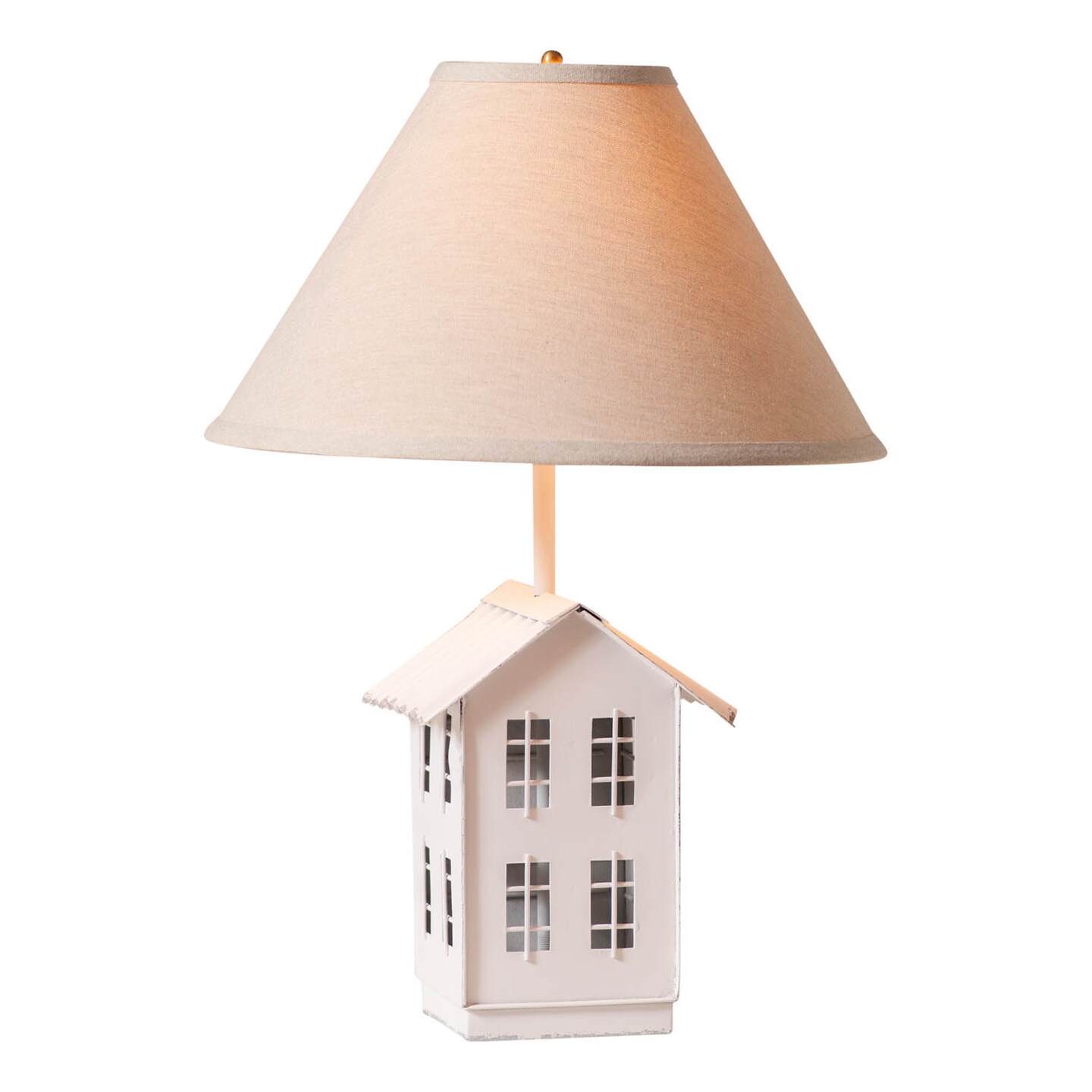 Irvins Country Tinware House Lamp in Rustic White with Ivory Linen Shade