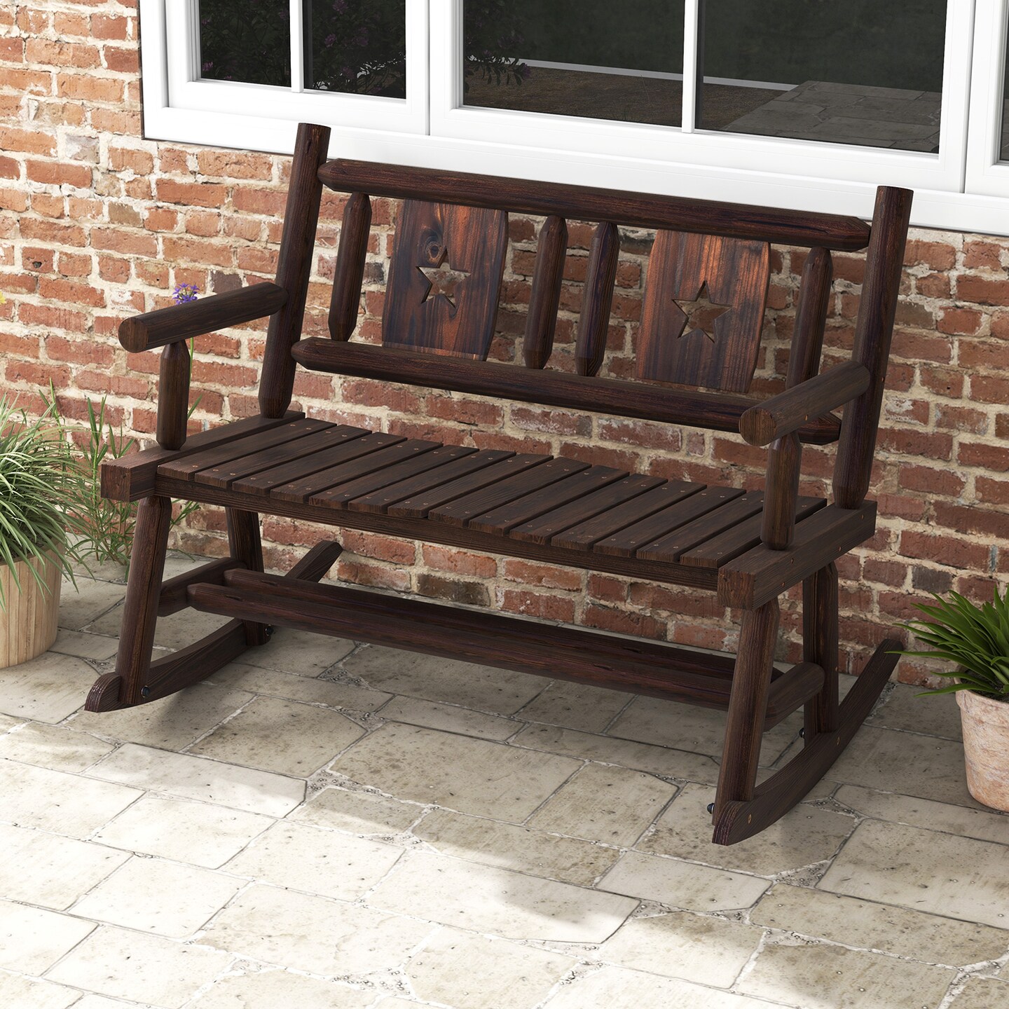 Costway 1/2 PCS Patio Rocking Bench Carbonized Wood Double Rocker Chair with Ergonomic Seat Rustic