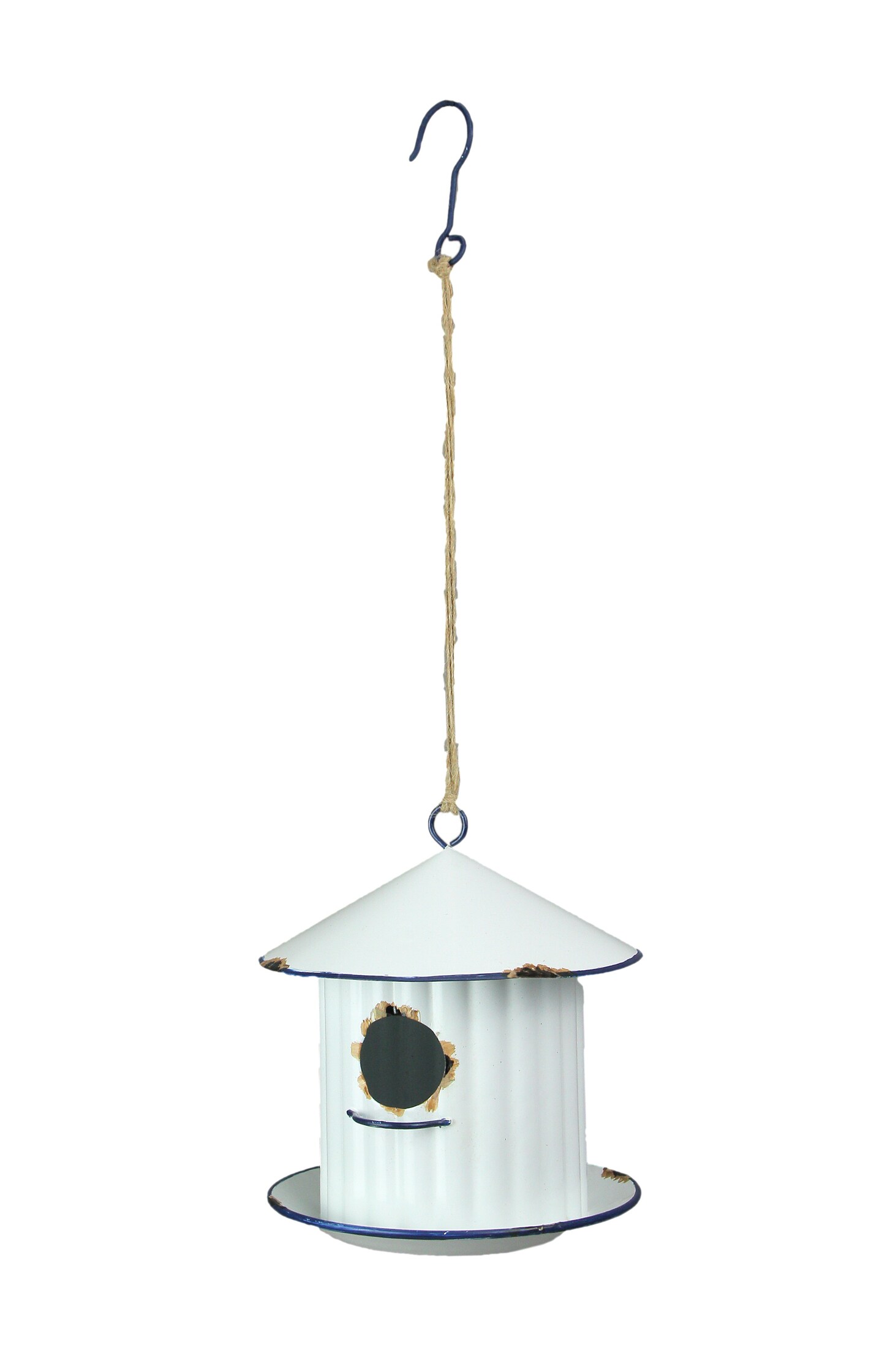 Weathered White Silo Design Hanging Metal Birdhouse With Blue Trim