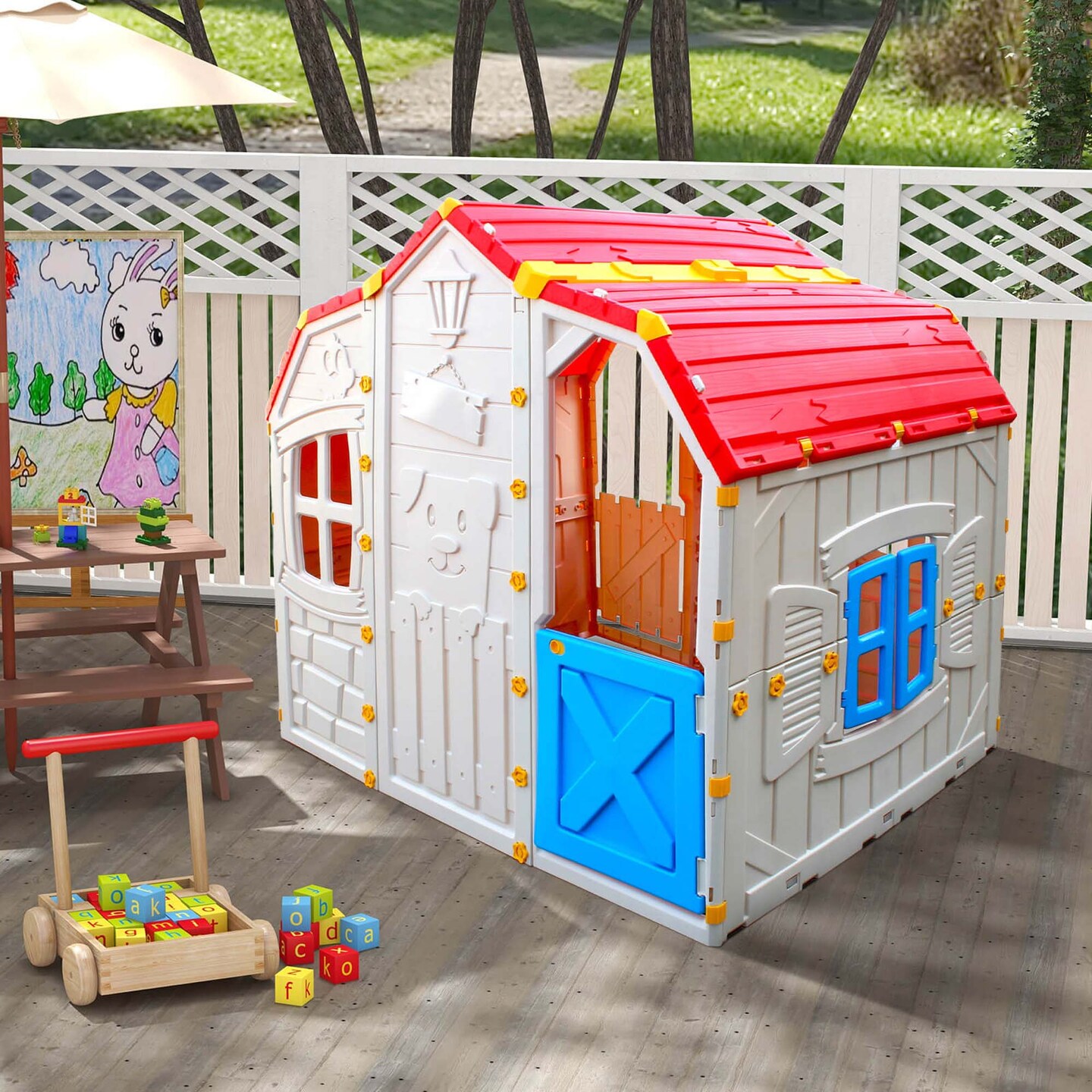 Costway Kids Playhouse Realistic Cottage Playhouse with Openable Windows &#x26; Working Door