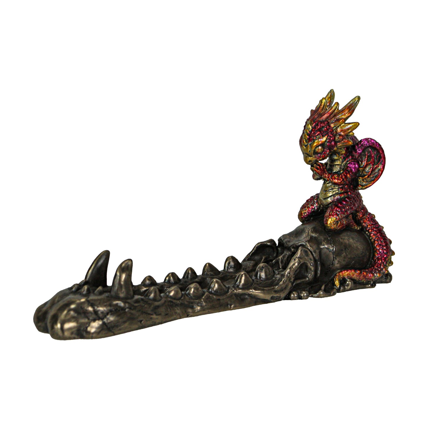 Dragonling Bronze Finish Baby Dragon on Skull Stick Incense Holder