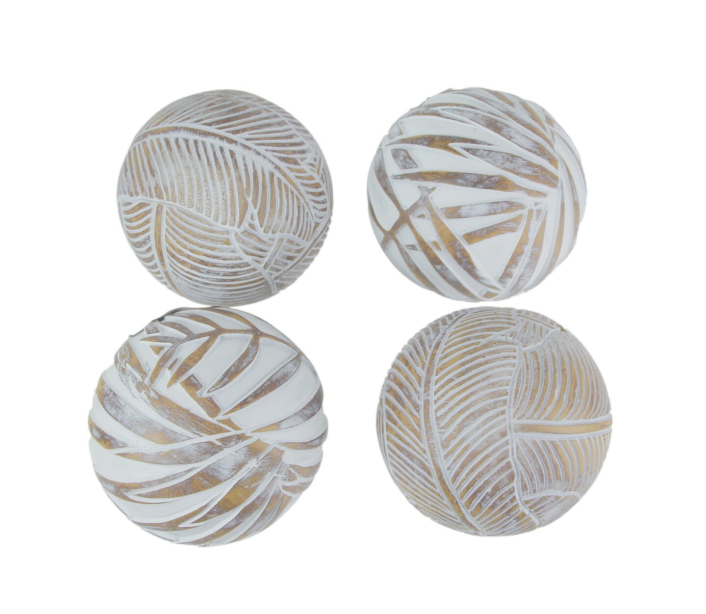 Whitewashed Tropical Leaf Wood Look Decor Balls Set of 4