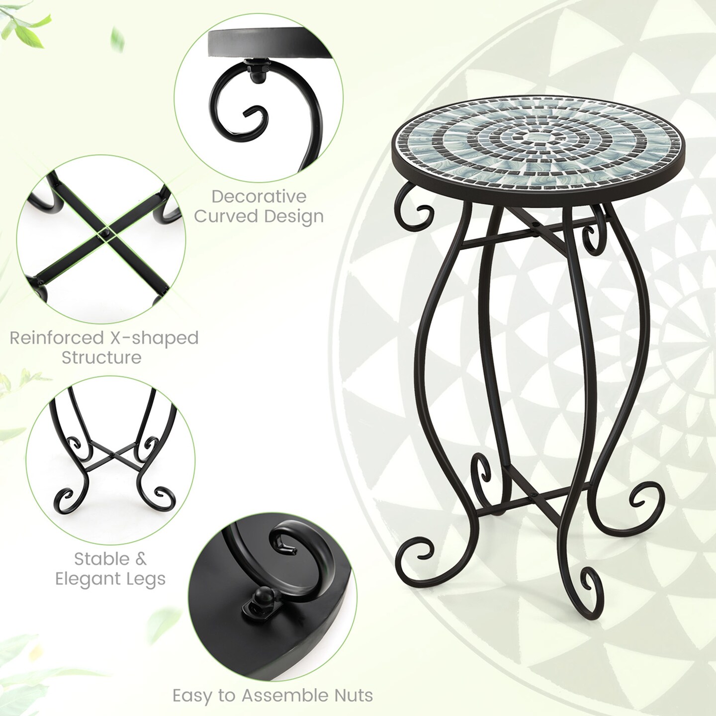 Costway Mosaic Outdoor Round End Table with Weather Resistant Ceramic Tile Tabletop