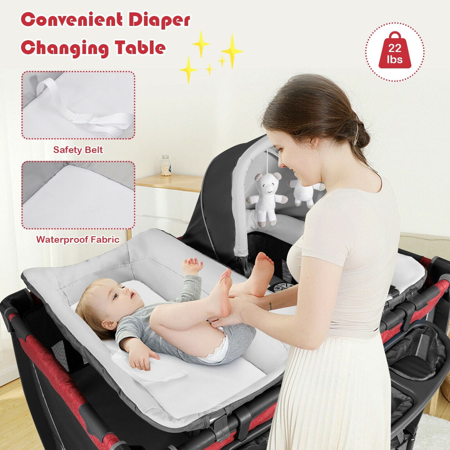 4-in-1 Convertible Portable Baby Play yard with 2 Hanging Toys and Music Box