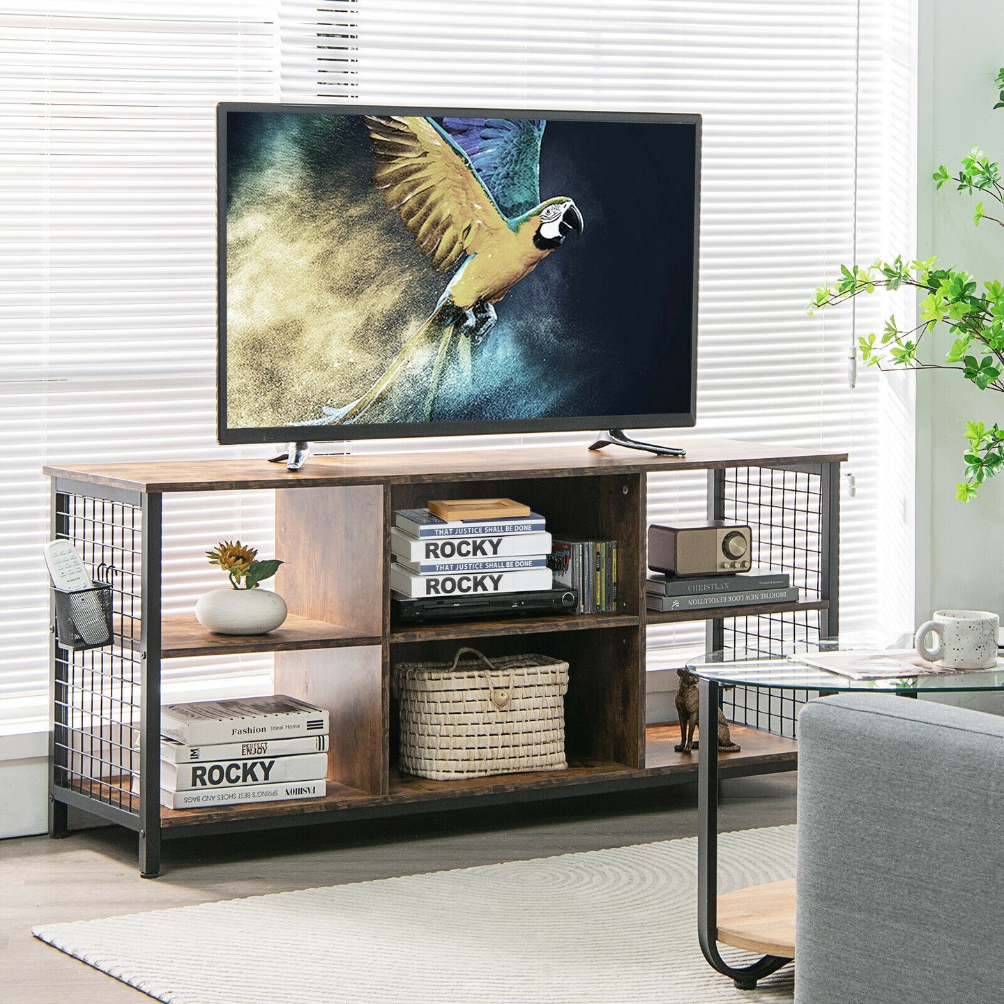 Industrial TV Stand with Storage Basket for TVs up to 65 Inches-Rustic Brown