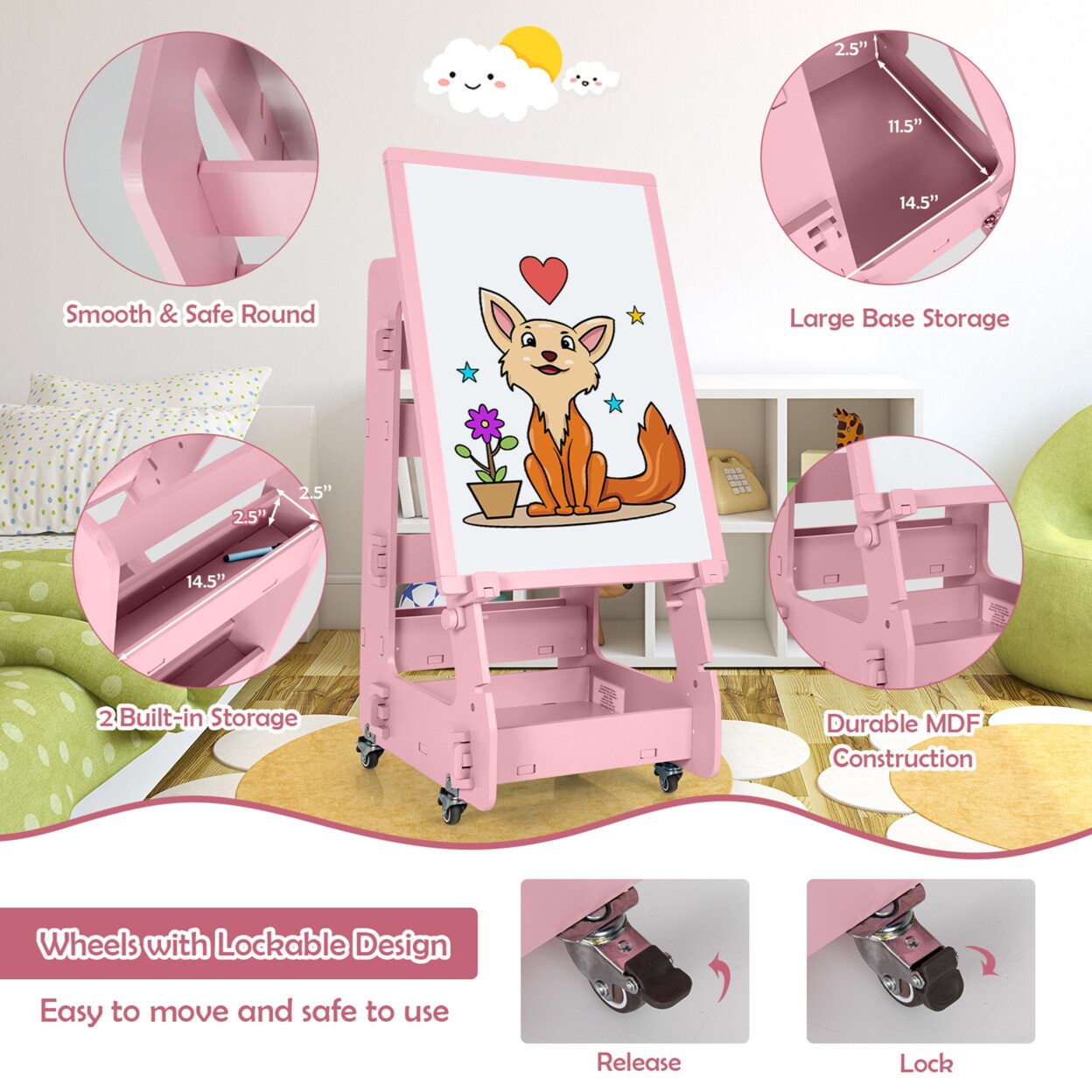 Kids Standing Art Easel Dry-Erase Board Double Sided Chalkboard