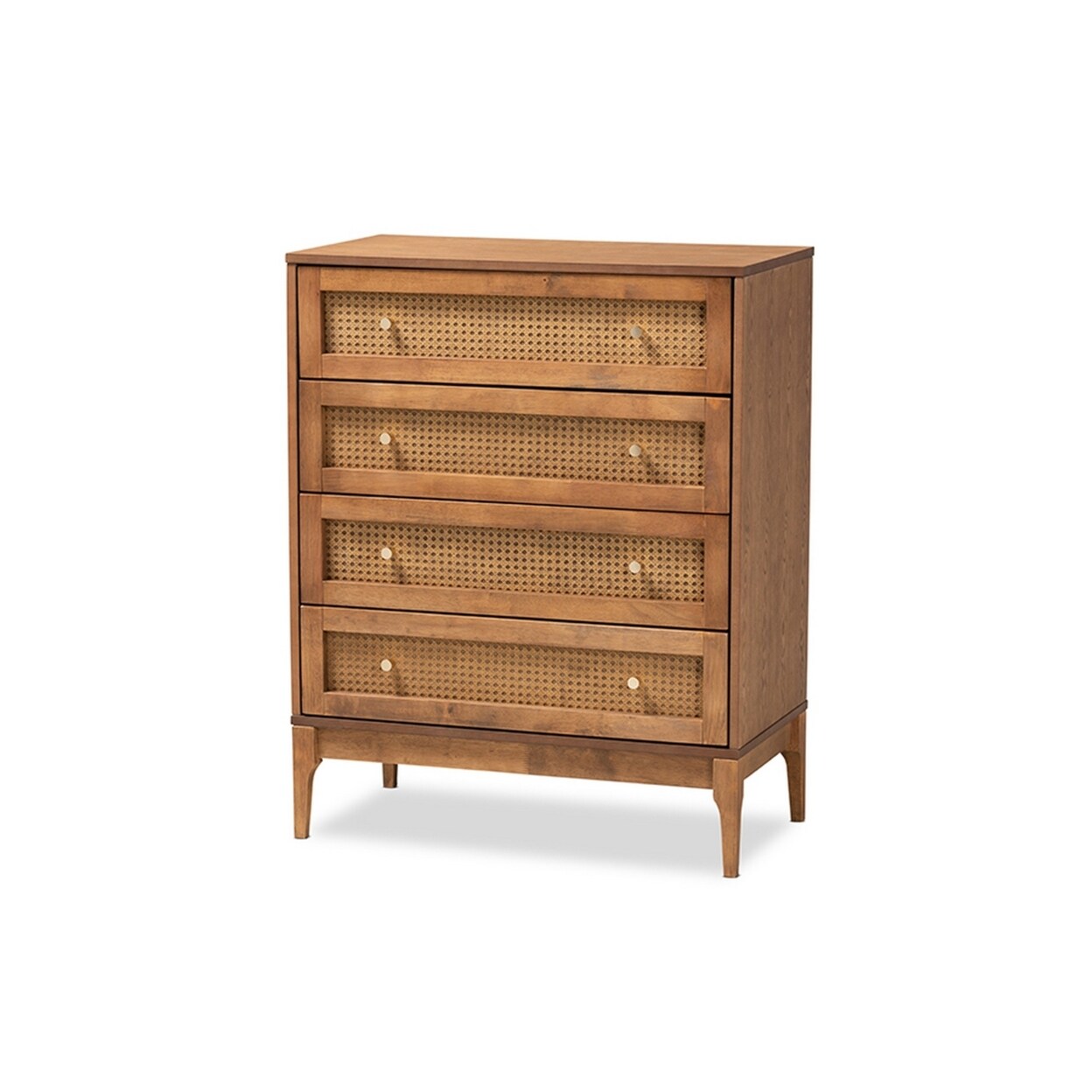 Wholesale Interiors Baxton Studio Ramiel Mid Century Modern Ash Walnut Finished Wood and Rattan 4 Drawer Chest