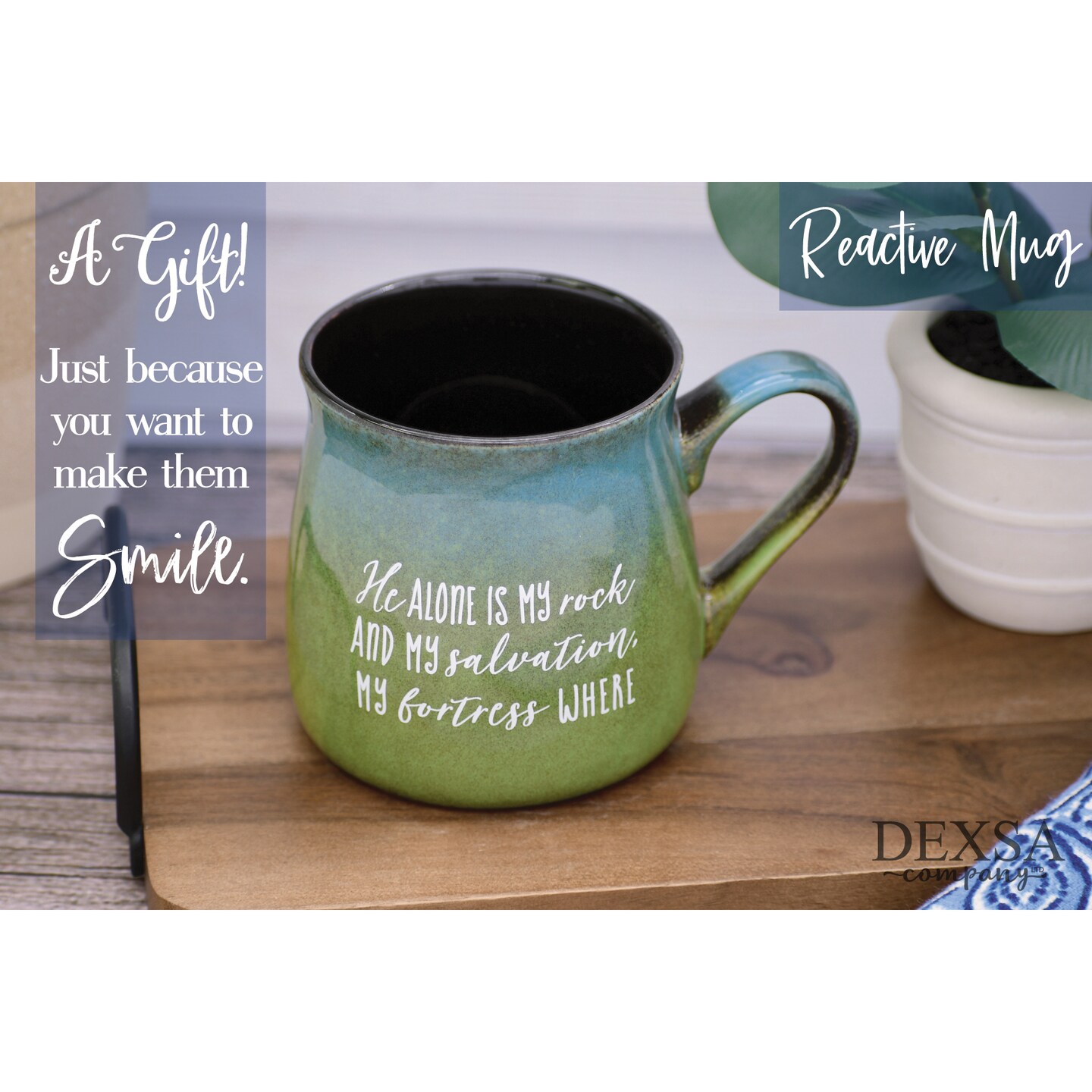 Dexsa Coffee Tea Soup Ceramic Mug | He alone is my rock and my salvation, my fortress where I will not be shaken Psalm 62:6 | 16 ounce Designer Mug with Inspiring Sentiment | Elegant Pottery Look