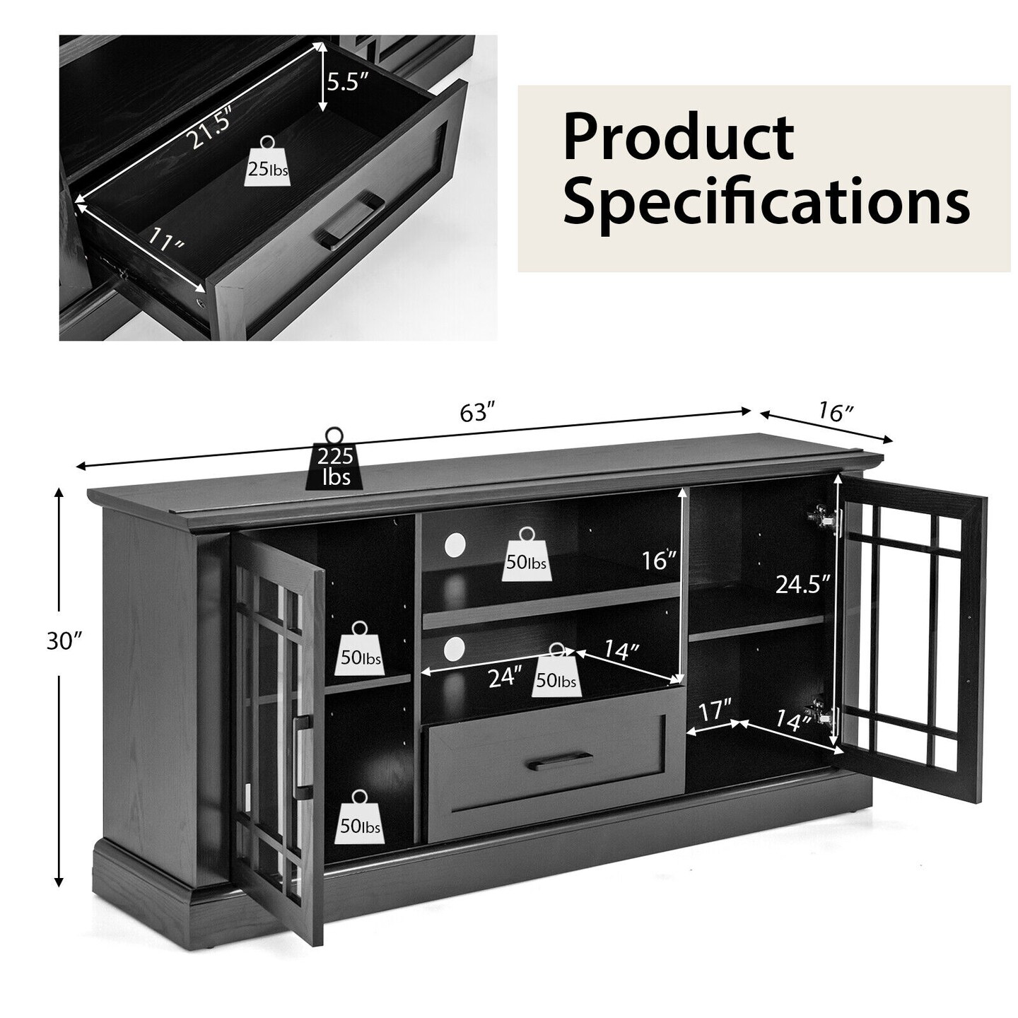 TV Stand for TVs up to 70 with Glass Doors Cubbies and Drawer-Black