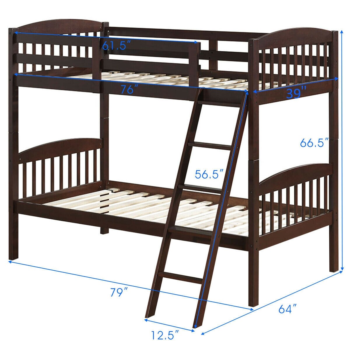 Wood Bunk Bed Twin with Inclined Ladder, Convertible, Safe and Space-Saving