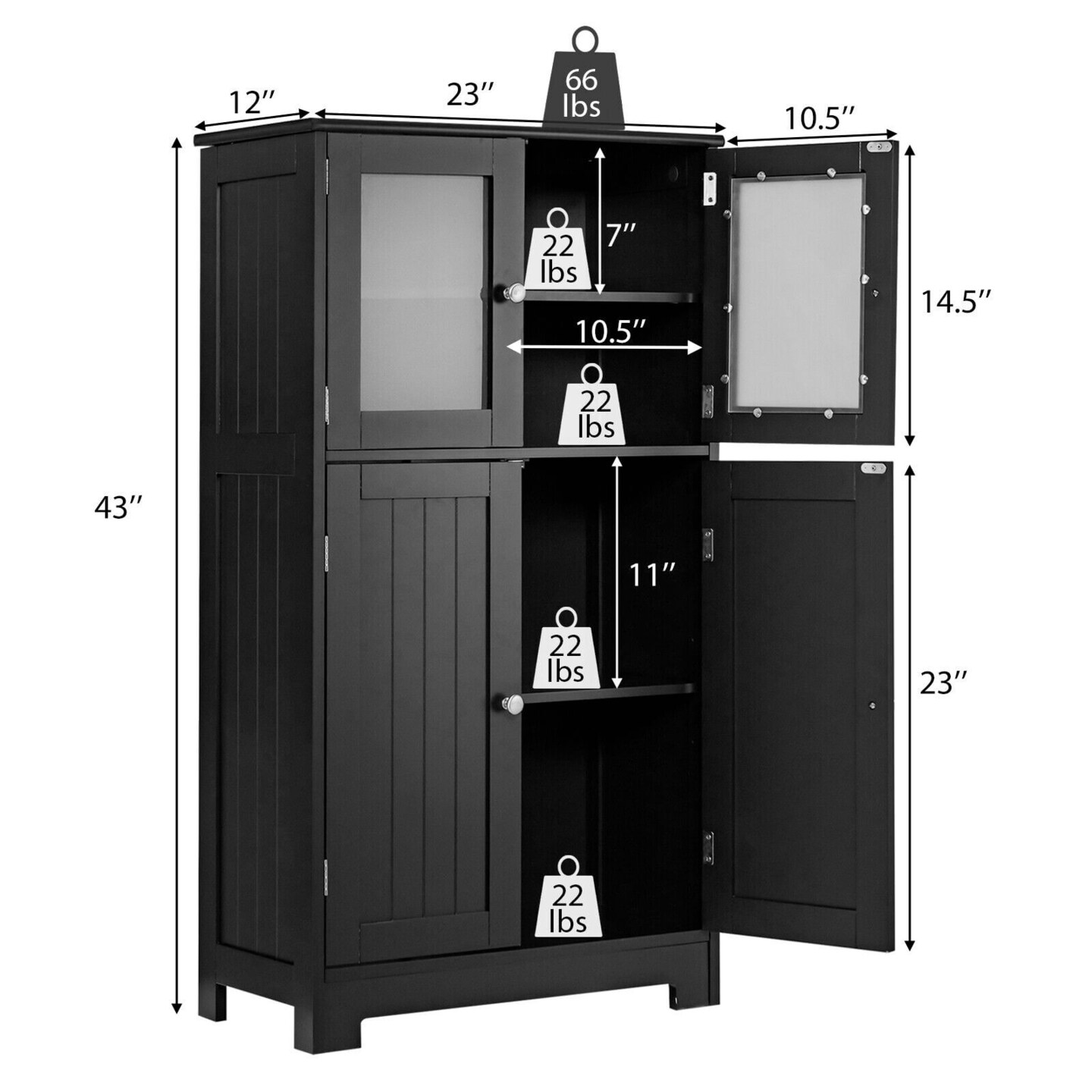 Black MDF Glass Door Floor Cabinet with Adjustable Shelf – 43 inches Storage Unit
