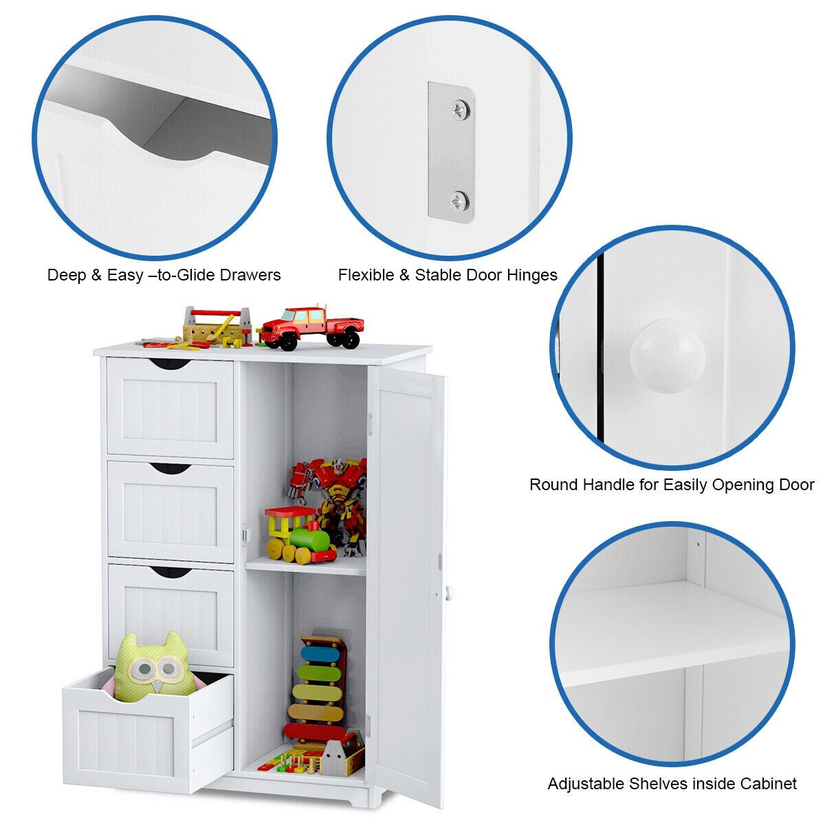 Modern MDF Storage Cabinet with 4 Drawers and Adjustable Shelf Ideal for Bathroom or Bedroom