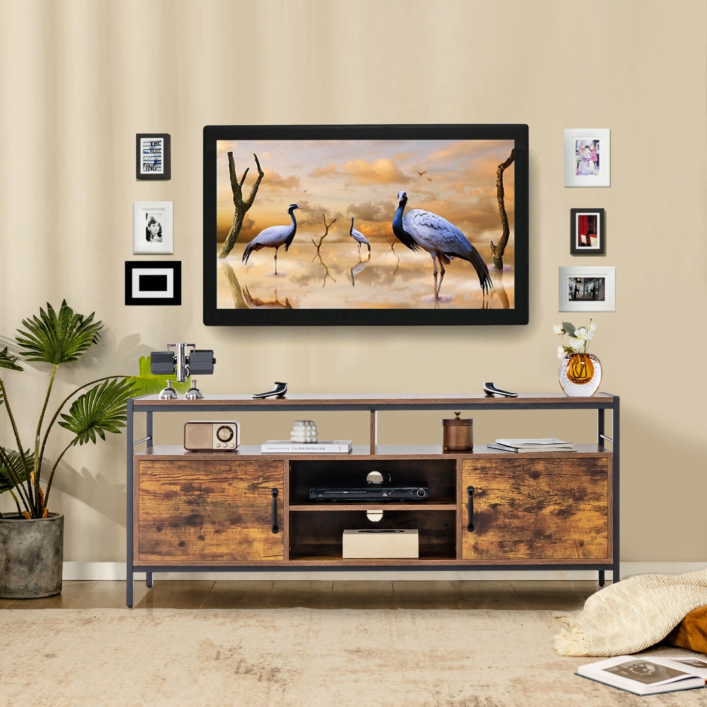 Industrial TV Stand with Cabinets and Adjustable Shelf for TVs -Rustic Brown