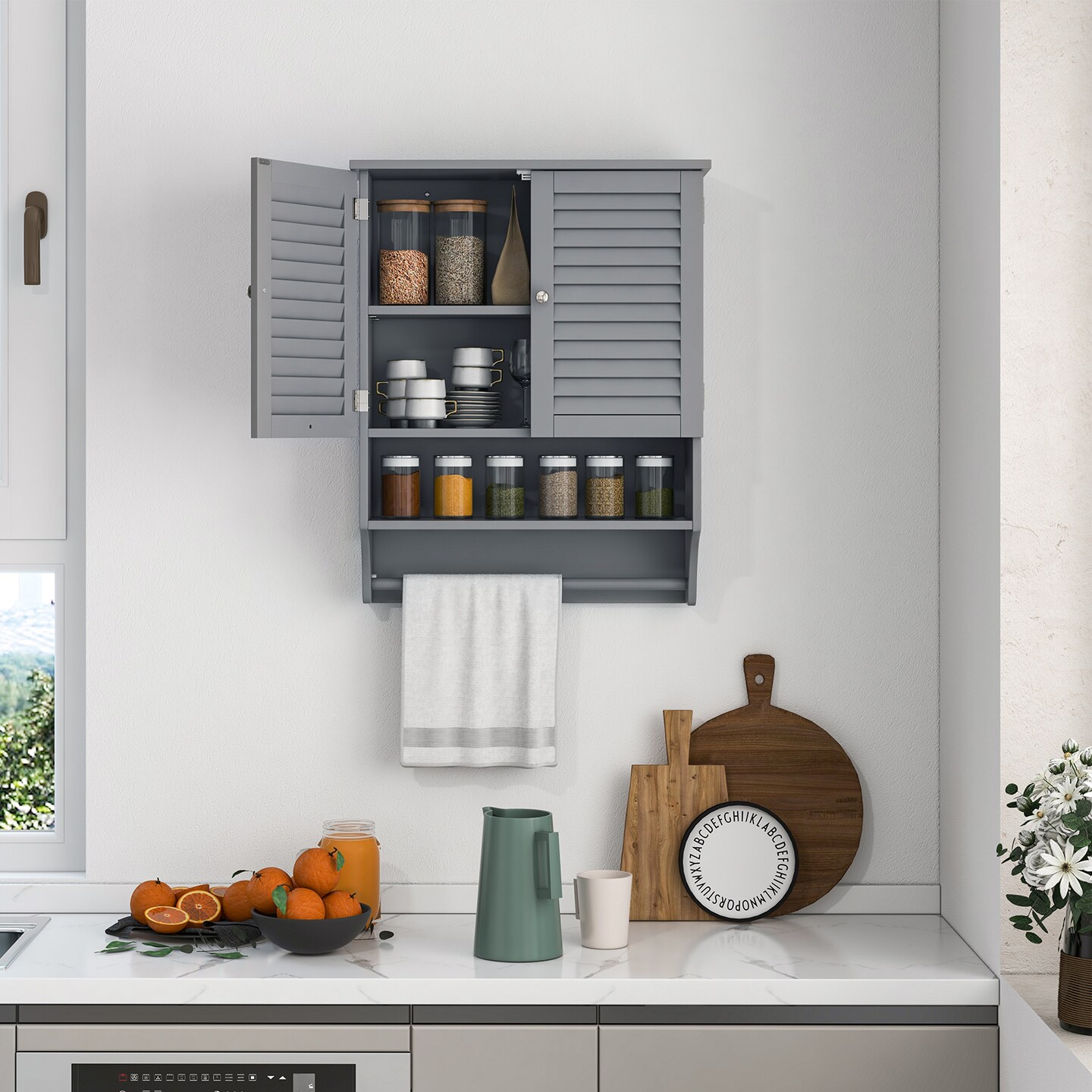 2-Doors Bathroom Wall-Mounted Medicine Cabinet with Towel Bar
