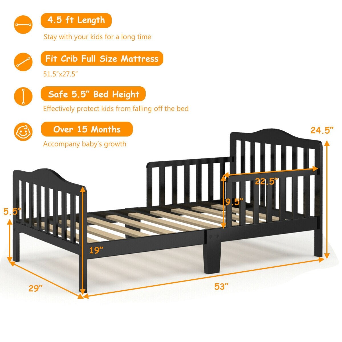 Classic Design Kids Wood Bed Frame with Two Side Safety Guardrails