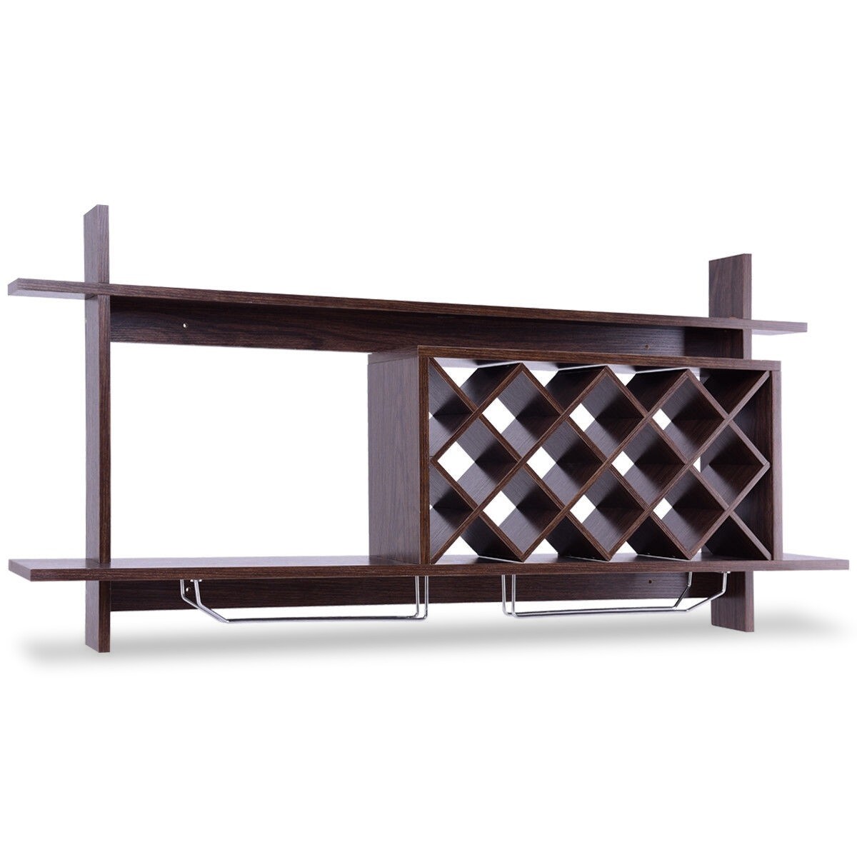 Wall Mounted Wine Rack Walnut MDF Stainless Steel 10 Bottle Storage With Glass Holder Space Saving Kitchen Bar Wine Organizer Shelf