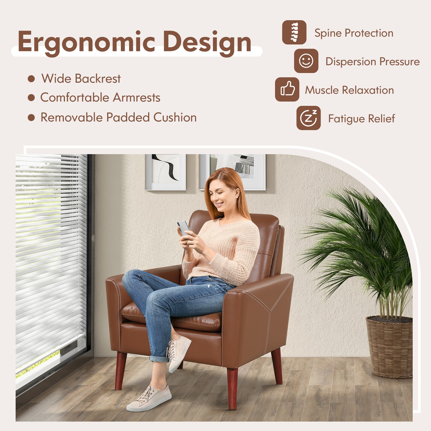 Costway Modern Accent Chair PU Leather Armchair Sofa Chair with Solid Wood Legs