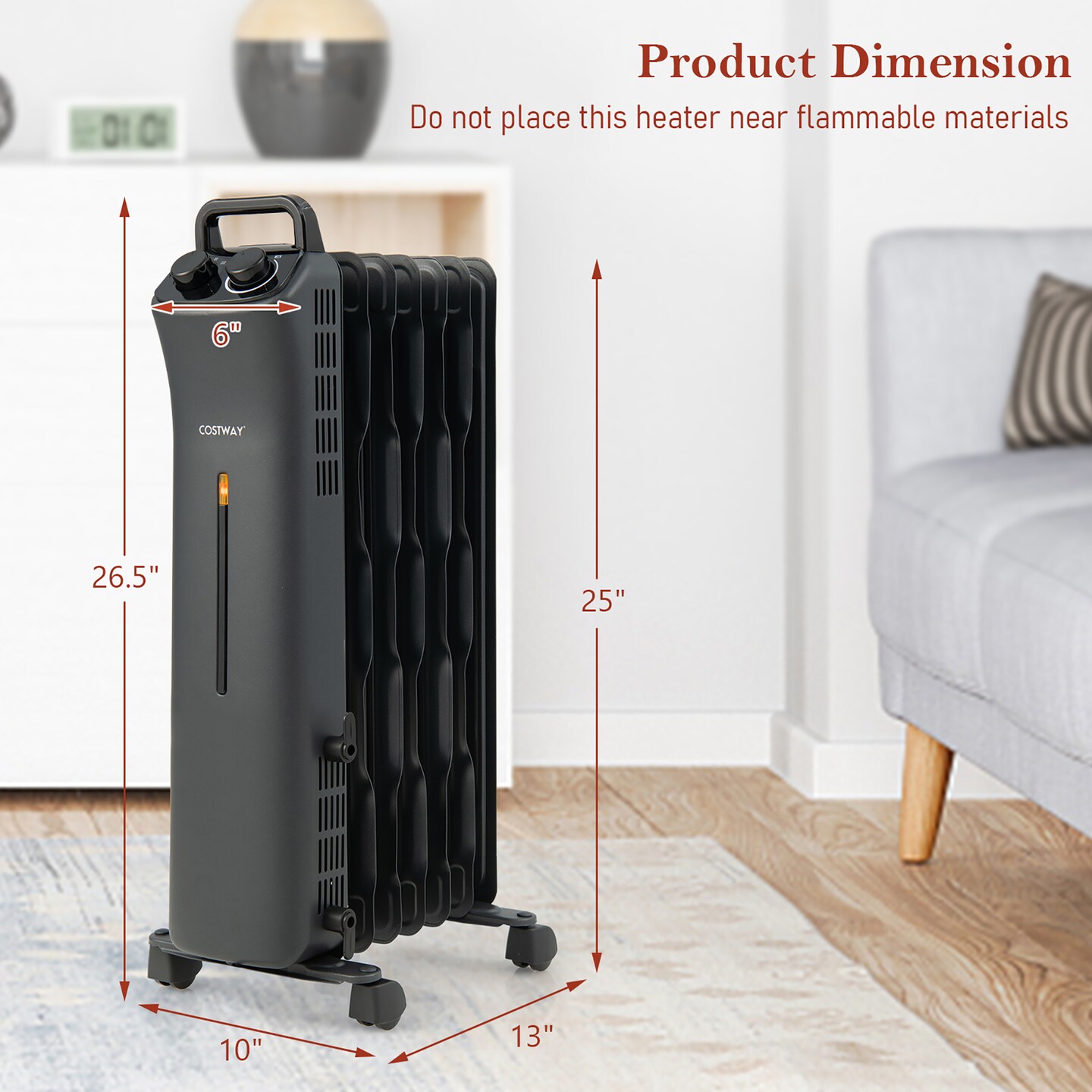 Costway 1500W Oil Filled Space Heater Electric Heater w/Adjustable Thermostat