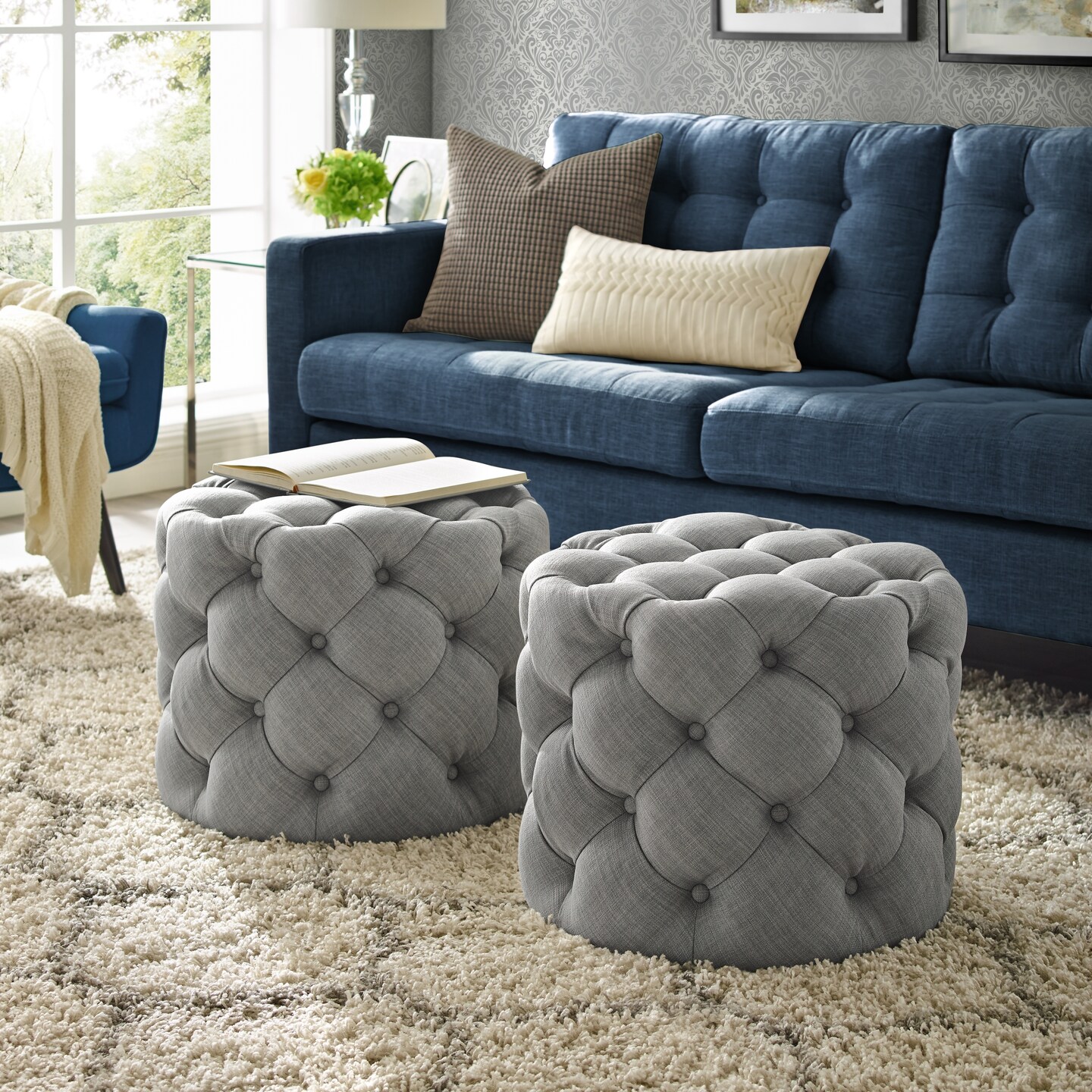 Marianna Linen/Velvet Tufted Allover Upholstered Round Ottoman, 1 Piece