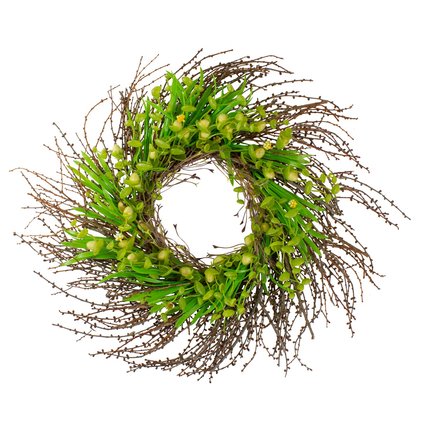 Northlight 20-Inch Green and Yellow Flower Buds, Leaves and Twigs Artificial Floral Wreath