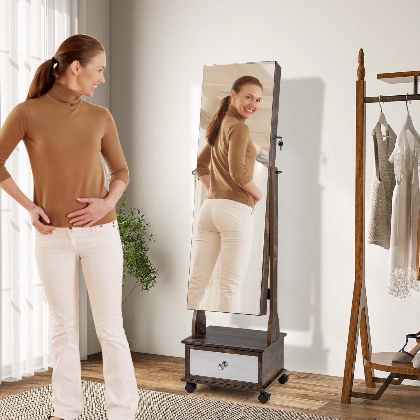 Costway Jewelry Cabinet Armoire Full-Length Mirror Lockable with 3-Color LED Lights Brown/Coffee/White