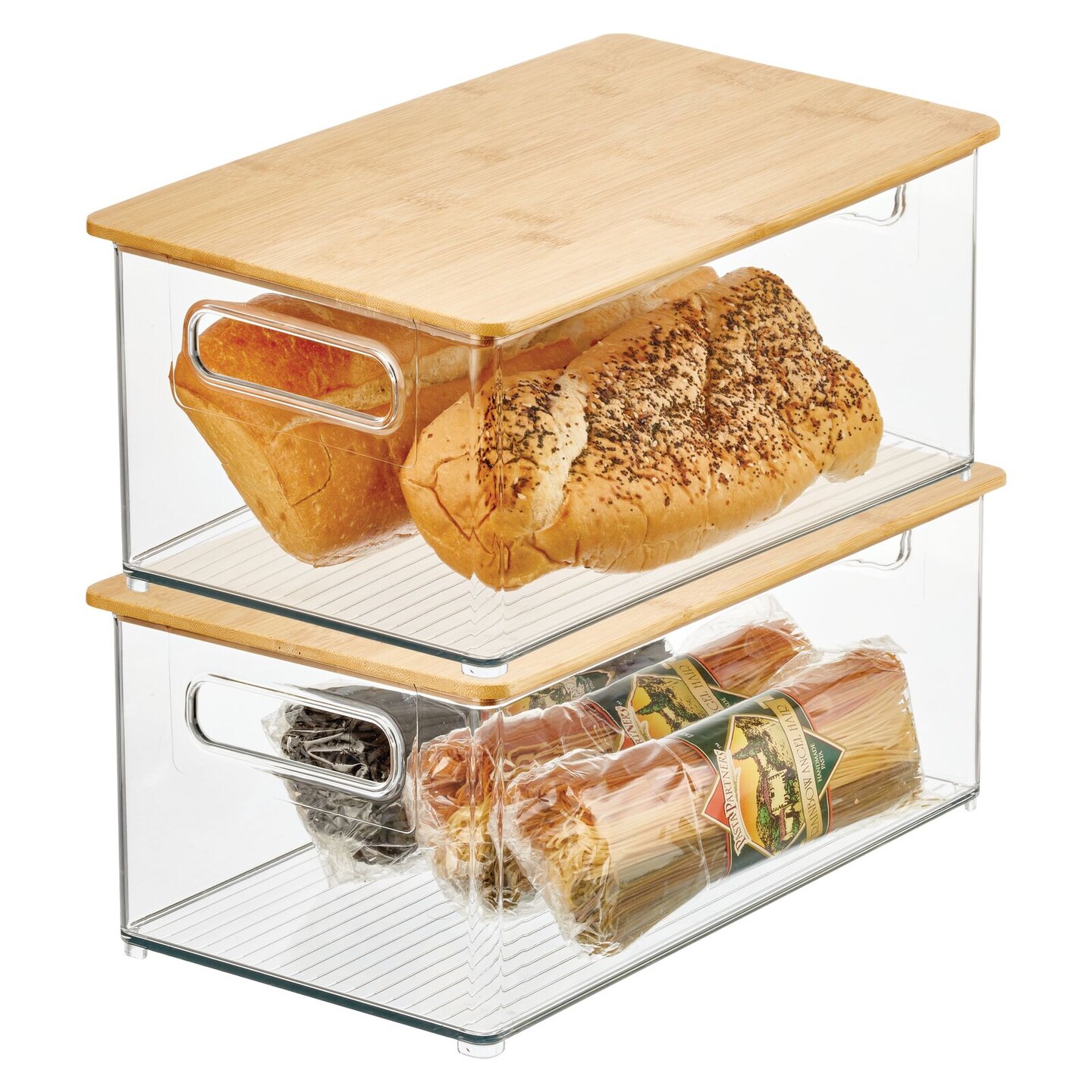 mDesign Plastic Kitchen Storage Box - Bamboo Lid, Handles