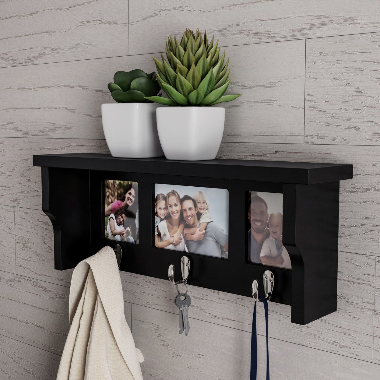 Lavish Home Black Wall Shelf and Picture Collage Ledge and 3 Hanging Hooks- Photo Frame Decor Shelving with Modern Look Holds 3