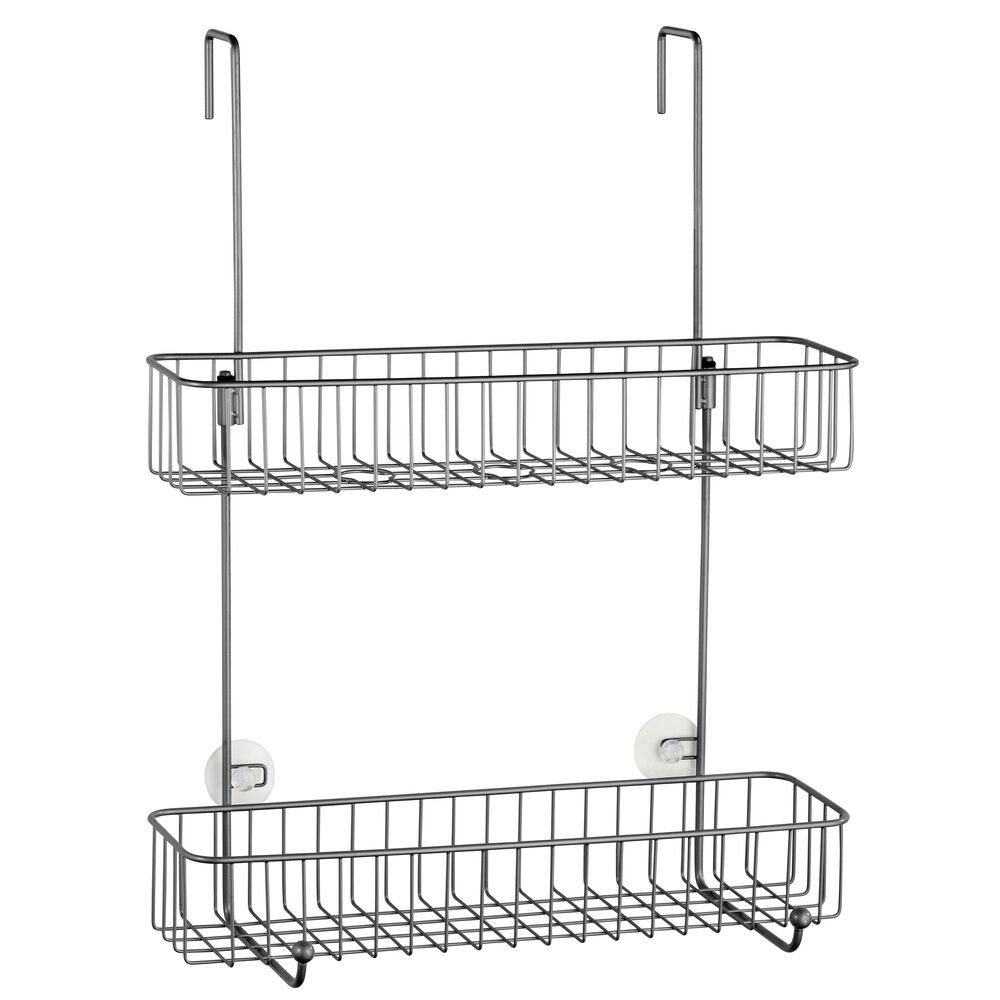 mDesign Wide Metal Over Door Hanging Shower Caddy, 2 Hooks and Baskets