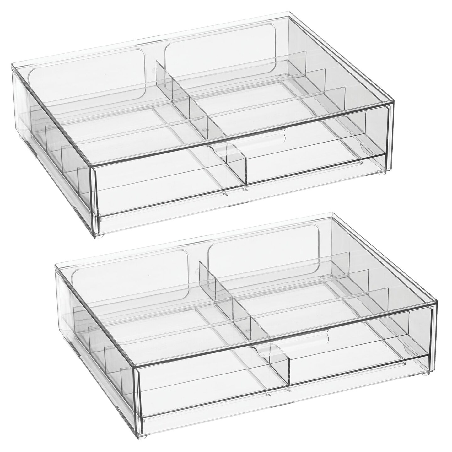 mDesign Wide Plastic Stackable Glasses Organizer Box, 2 Drawers, 2 Pack, Clear