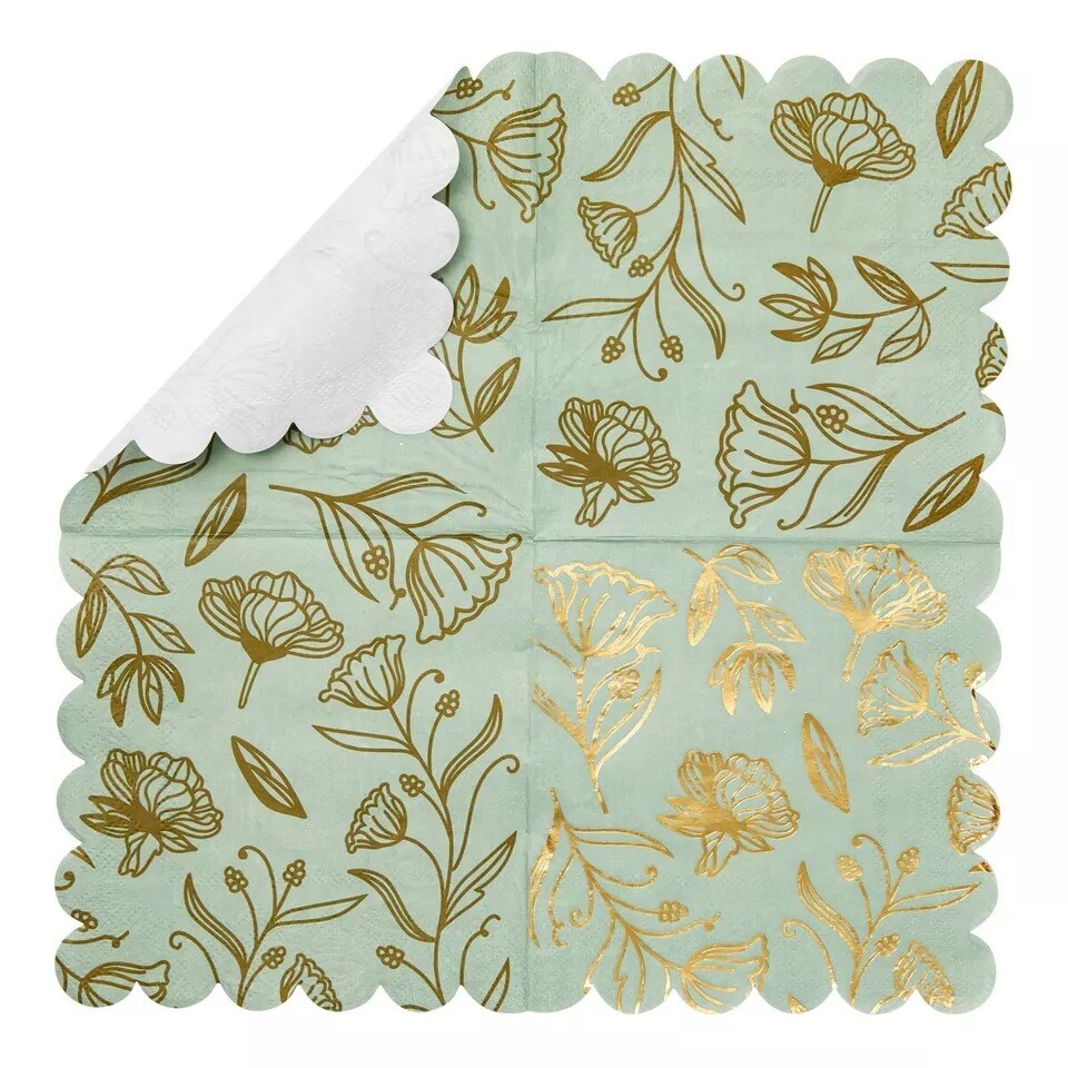 50 Pack Green Floral Scalloped Cocktail Napkins