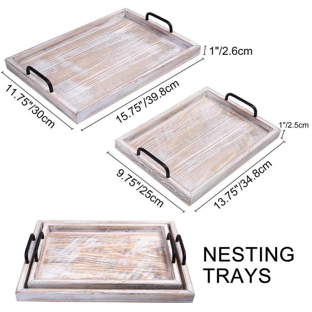 2pcs Rustic Wood Serving Trays with Metal Handles