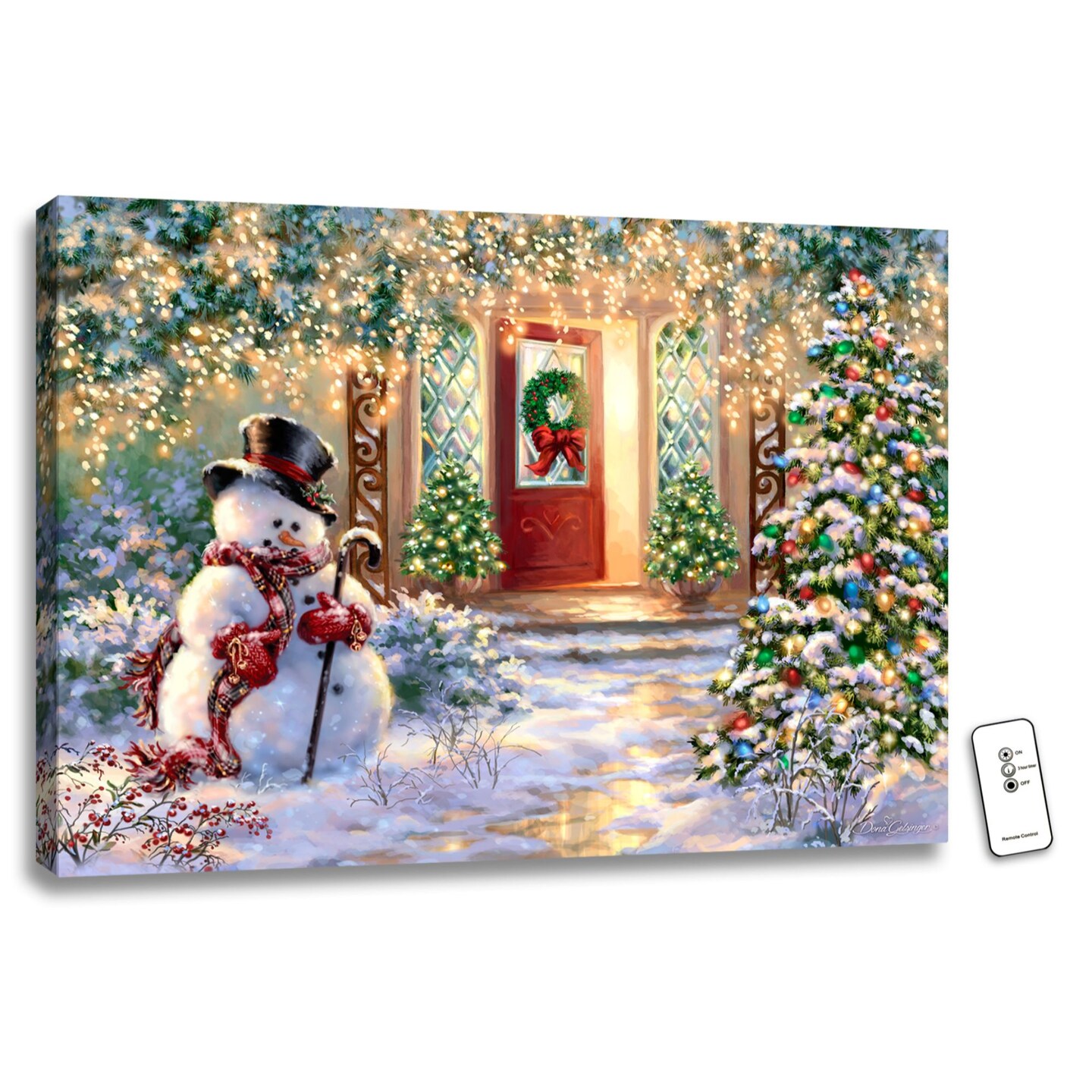 Glow Decor 18" x 24" White and Green Christmas Snowman Home Back-lit Wall Art with Remote Control