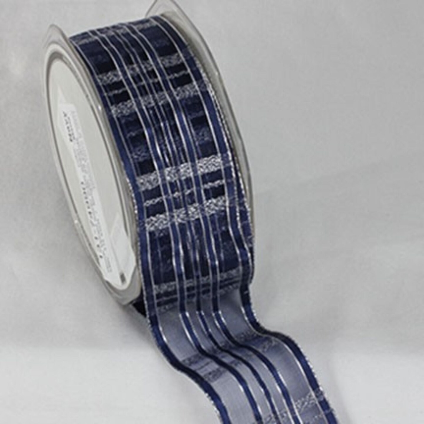The Ribbon People Navy Blue and Silver Colored Plaid Patterned French Wired Craft Ribbon 1.5" x