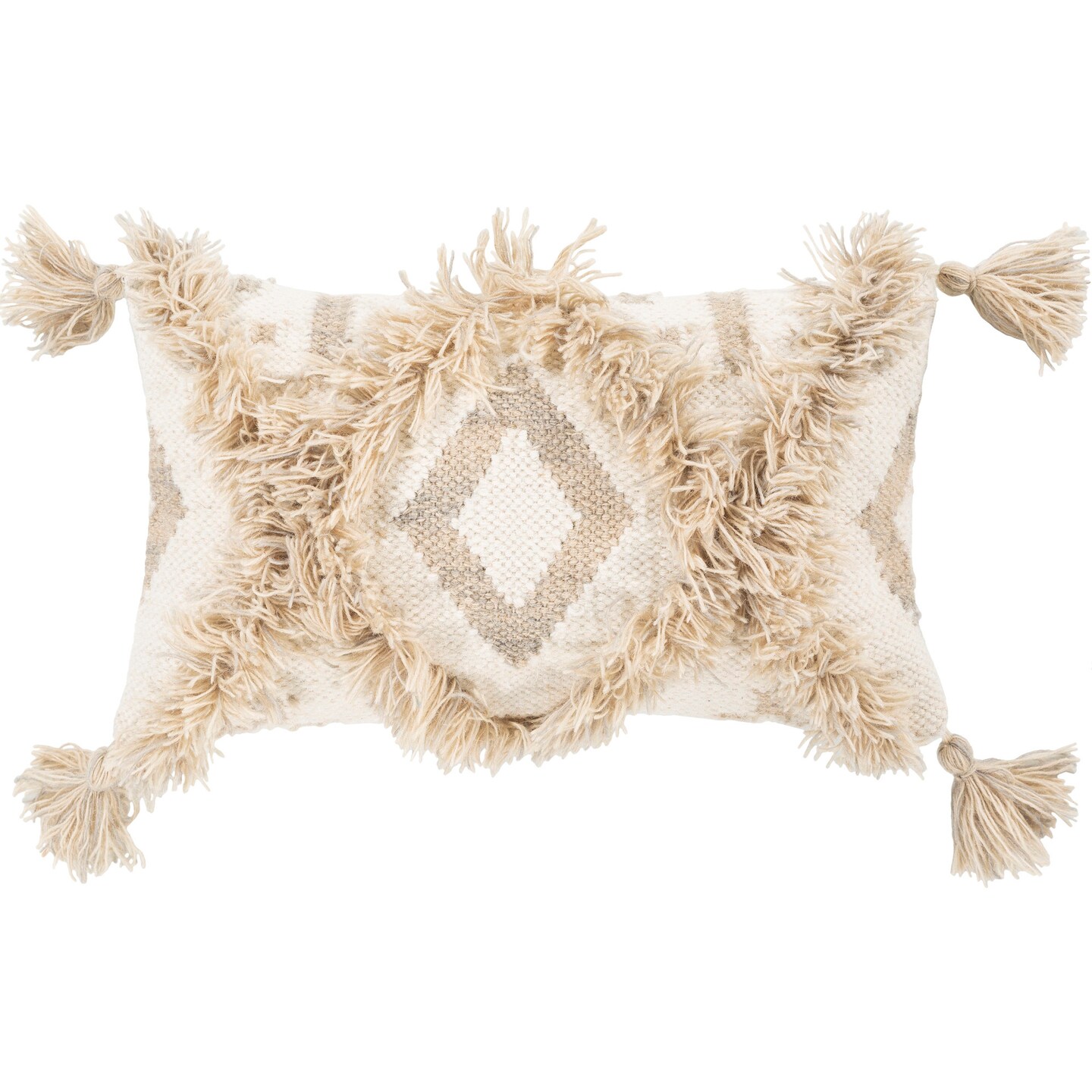 Diva At Home 18" Beige and Cream Tassel Handwoven Throw Pillow- Down Filler
