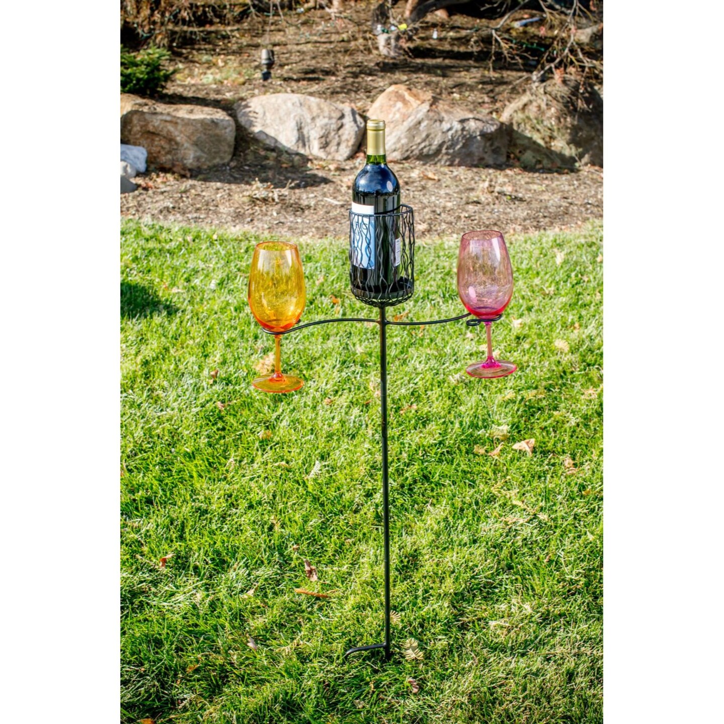 Picnic Plus 38" Green Outdoor Ground Stake Wine Bottle and Wine Glass