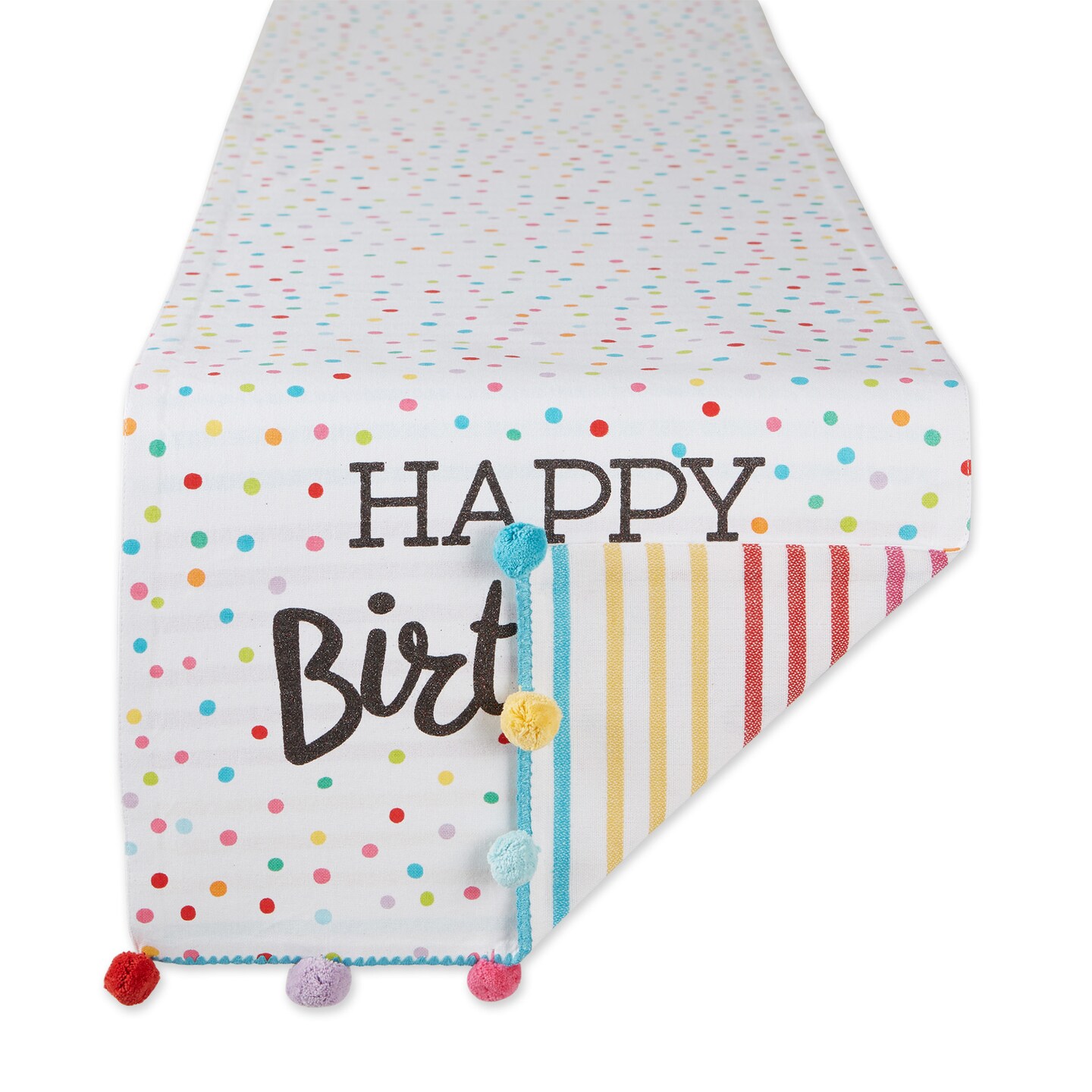 Contemporary Home Living Polka Dot and Striped Happy Birthday Reversible Table Runner with Pom-Poms- 72&#x22;