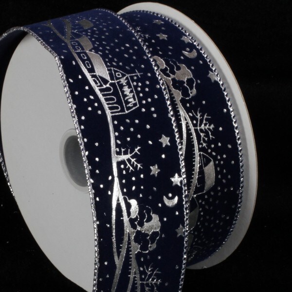 The Ribbon People Navy Blue and Silver Winter's Night Wire Edged Craft Ribbon 2" x 20 Yards