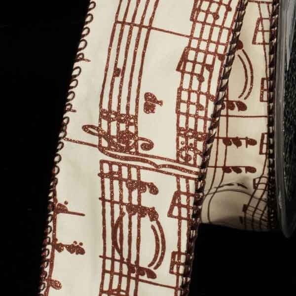 The Ribbon People Brown and Beige Taffeta Musical Notes Wired Craft Ribbon 1.5&#x22; x 40 Yards